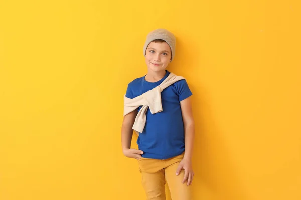 Cute fashionable boy on color background — Stock Photo, Image