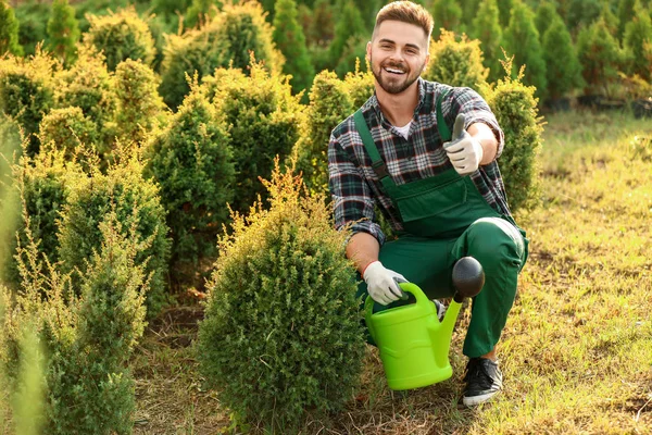 Jardinero masculino mostrando gesto de pulgar hacia arriba al aire libre — Foto de Stock