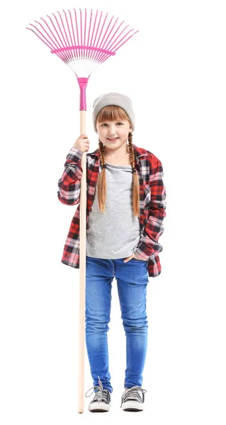 Niña con rastrillo para limpieza de hojas de otoño sobre fondo blanco —  Fotos de Stock