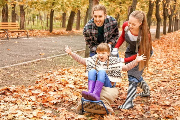 Family having fun while cleaning up autumn leaves outdoors — Stock Photo, Image