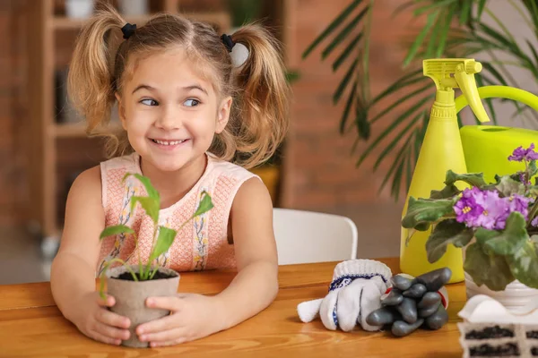 Happy little girl with young plant in pot at home — Stock Photo, Image