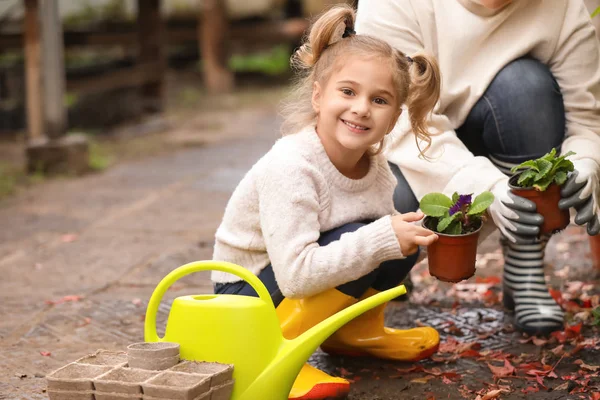 Cute little girl with grandmother working in greenhouse — Stock Photo, Image