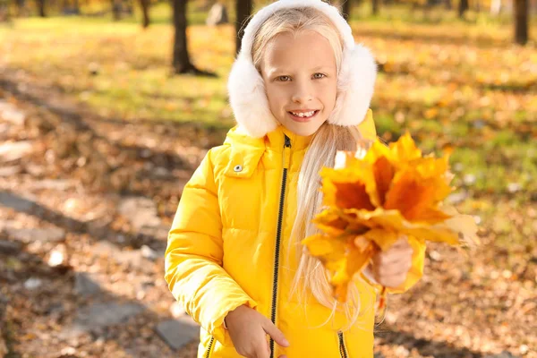 Cute little girl with leaves in autumn park — Stock Photo, Image