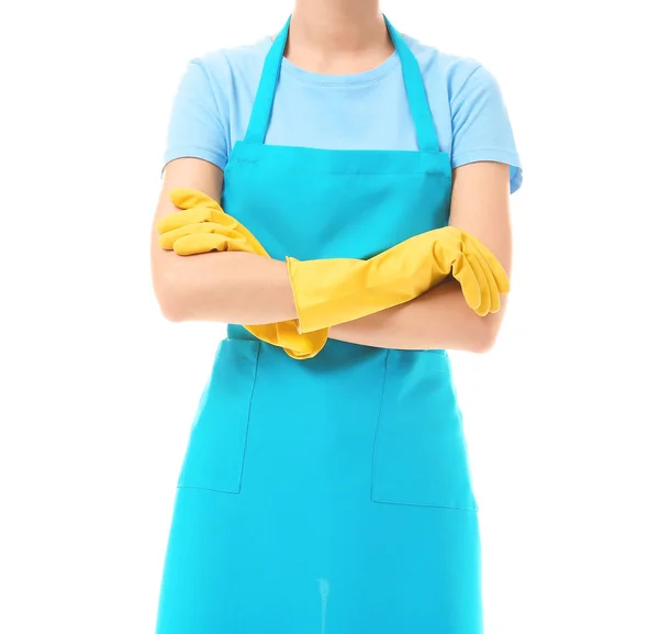 Female janitor on white background — Stock Photo, Image