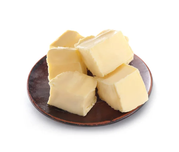 Assiette avec beurre frais sur fond blanc — Photo