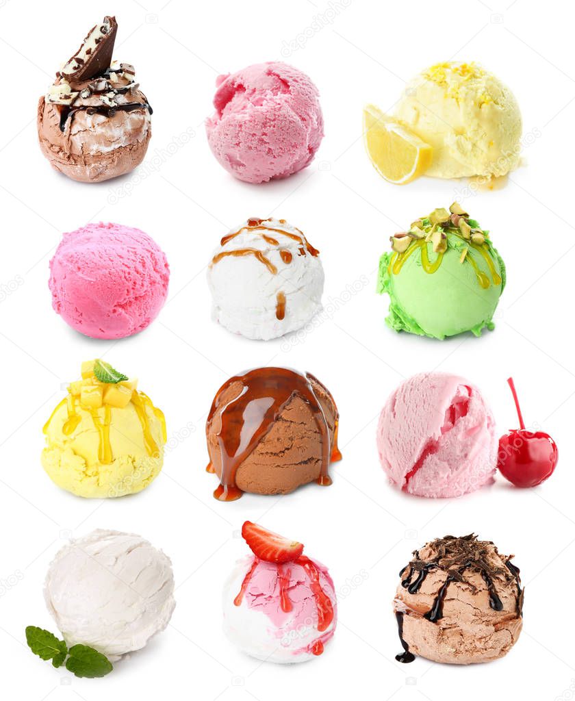 Balls of different ice-cream on white background