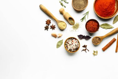 Beyaz arka planda çok farklı baharatlar