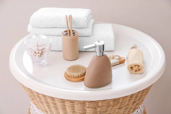 Body care cosmetics with accessories on table in bathroom — Stock Photo, Image