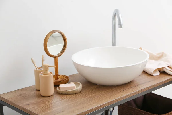 Body care cosmetics with accessories near sink in bathroom — Stock Photo, Image