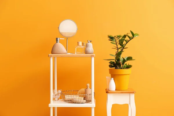 Body care cosmetics with accessories on shelves in bathroom — Stock Photo, Image