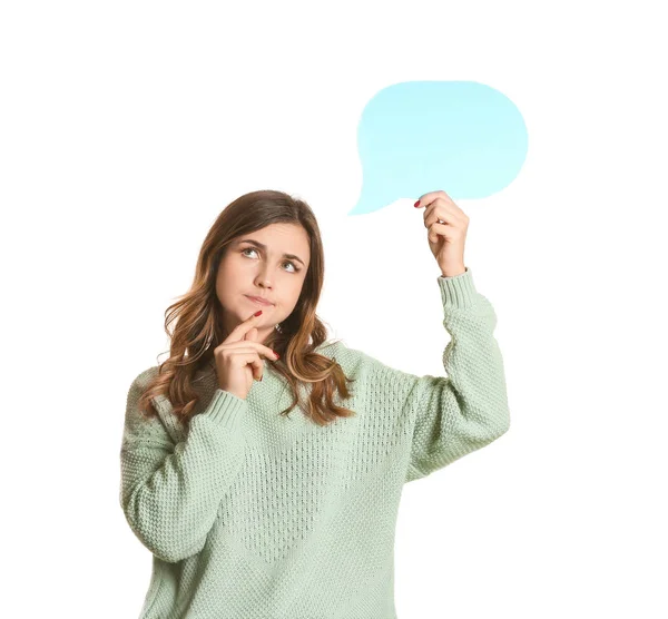 Thoughtful young woman with blank speech bubble on white background — Stock Photo, Image