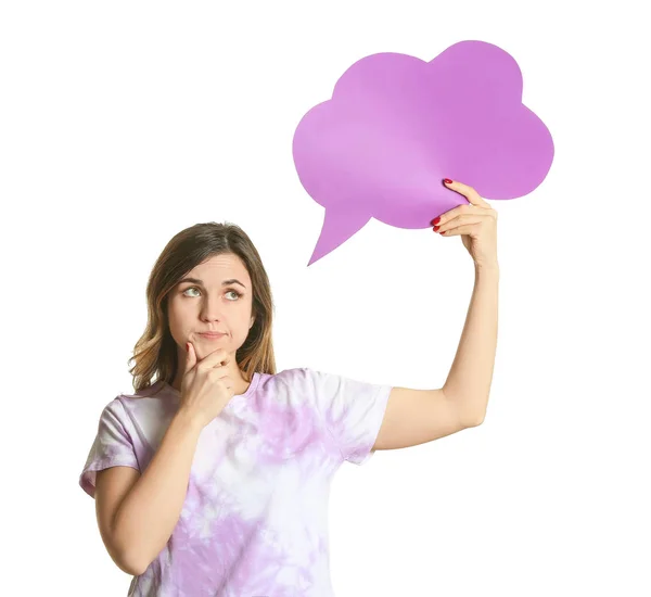 Jeune femme réfléchie avec bulle de discours vierge sur fond blanc — Photo