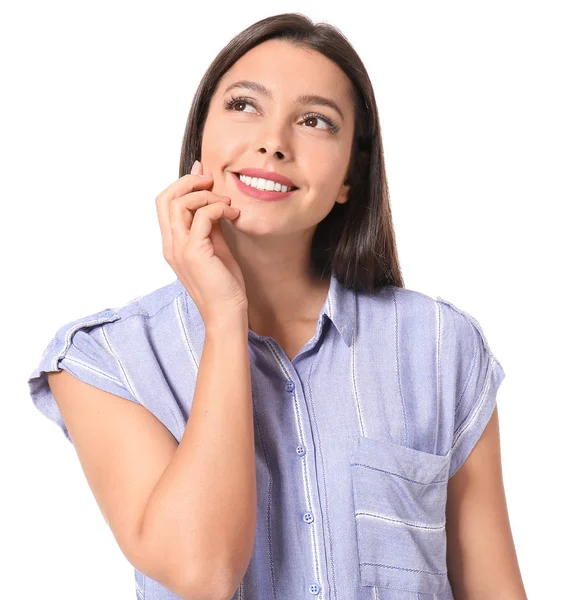 Schöne Frau mit gesunden Zähnen auf weißem Hintergrund — Stockfoto