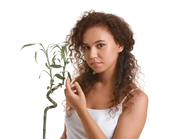 Belle jeune femme afro-américaine avec branche de bambou sur fond blanc — Photo