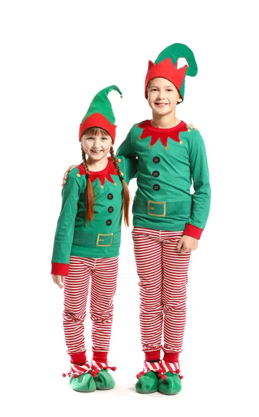 Little children in costume of elf on white background — Stock Photo, Image
