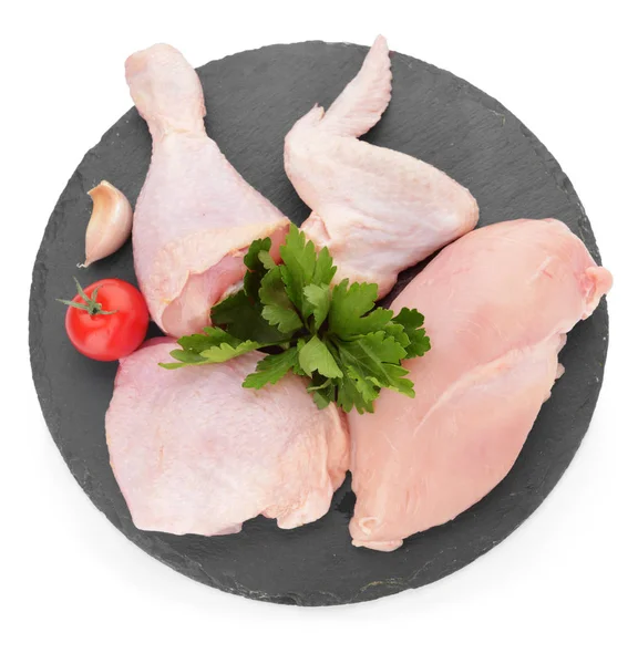 Slate plate with raw chicken meat on white background — Stock Photo, Image