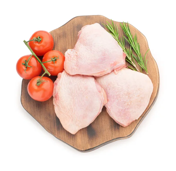 Board with raw chicken meat on white background — Stock Photo, Image