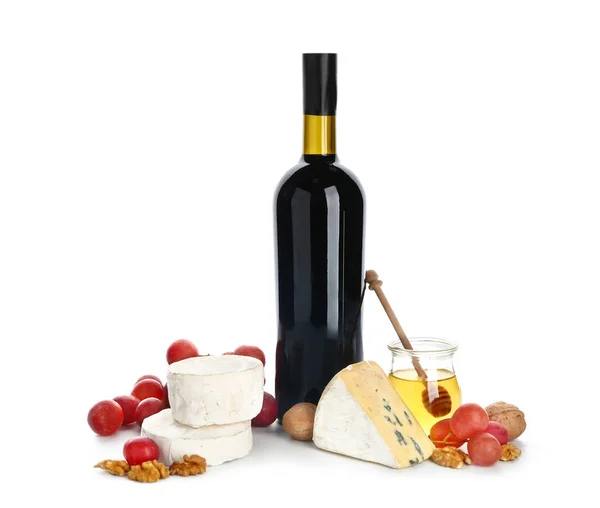 Fresh cheese with wine on white background — Stock Photo, Image