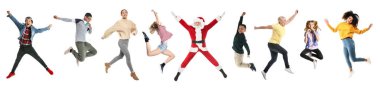 Beyaz arka planda farklı zıplayan insanlarla kolaj