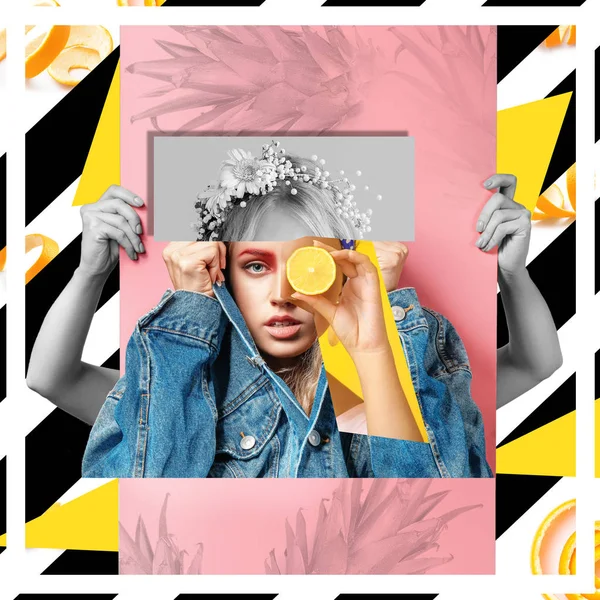 Collage creativo con la mujer joven de moda —  Fotos de Stock