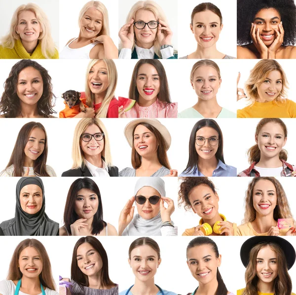 Collage met verschillende vrouwen op witte achtergrond — Stockfoto