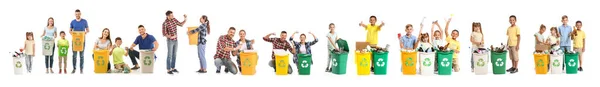 Verschiedene Menschen mit Mülltonnen auf weißem Hintergrund. Recyclingkonzept — Stockfoto