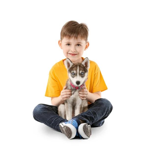 Niño pequeño con lindo cachorro husky sobre fondo blanco — Foto de Stock