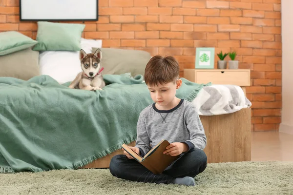Little boy with cute husky puppy reading book in bedroom — Stock Photo, Image