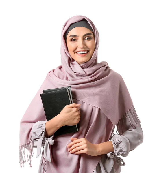 Vrouwelijke moslim student op witte achtergrond — Stockfoto