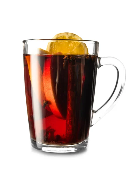 Glass cup of tasty mulled wine on white background — Stock Photo, Image