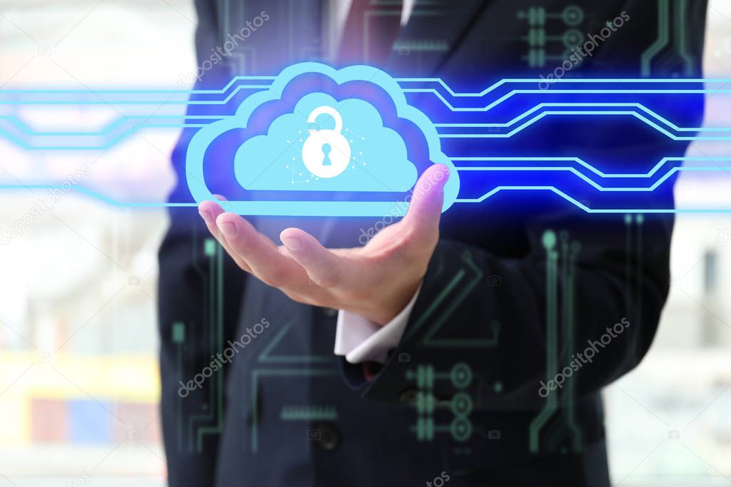 Businessman with hologram projection of cloud storage service in office, closeup