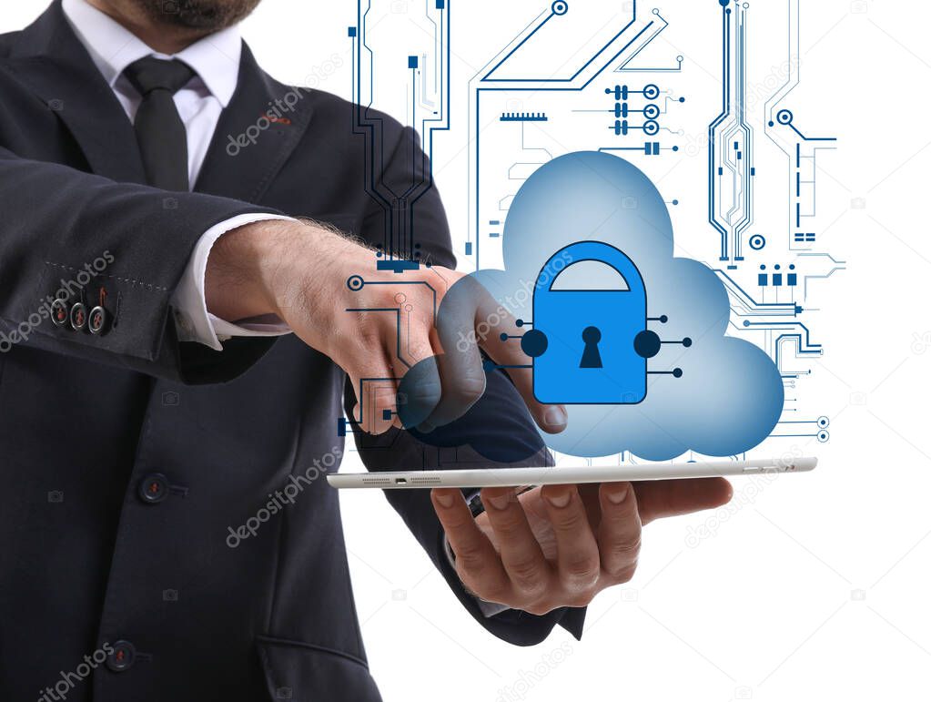 Businessman using cloud storage service against white background, closeup