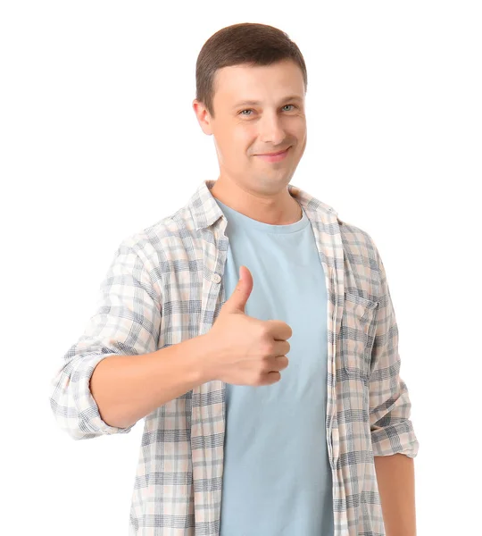 Portré jóképű férfi mutatja hüvelykujj-up gesztus fehér háttér — Stock Fotó