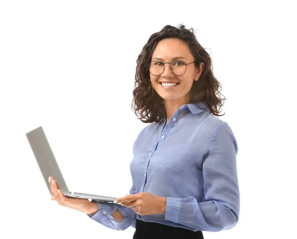 Portrait of businesswoman with laptop on white background — Stock Photo, Image