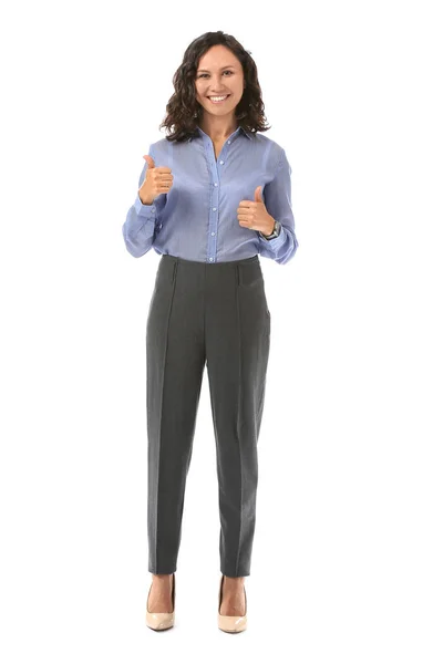 Portrait of beautiful businesswoman showing thumb-up gesture on white background — Stock Photo, Image