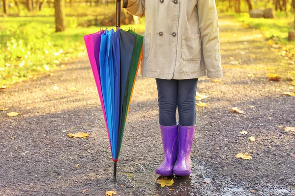 Cute little girl with umbrella in autumn park — Stock Photo, Image