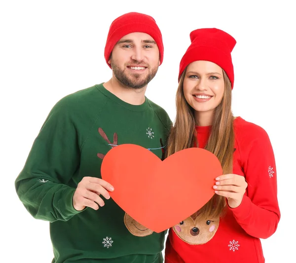 Portrait of happy couple with red heart on white background — Stock Photo, Image