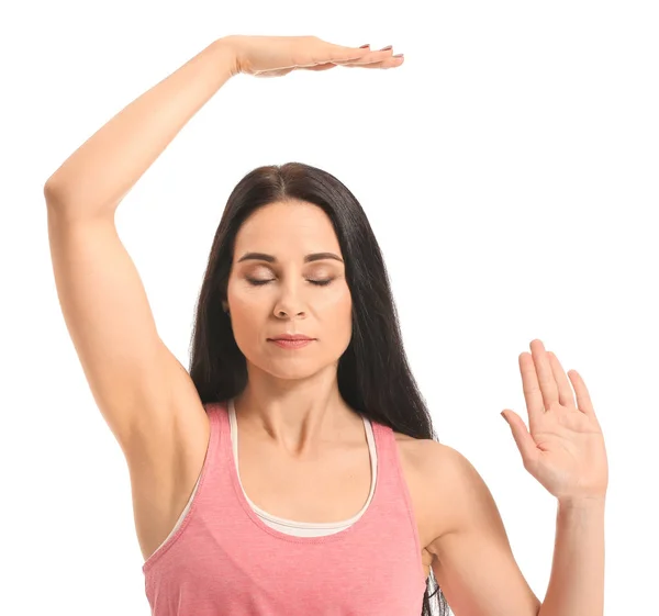 Meditating woman on white background — Stock Photo, Image