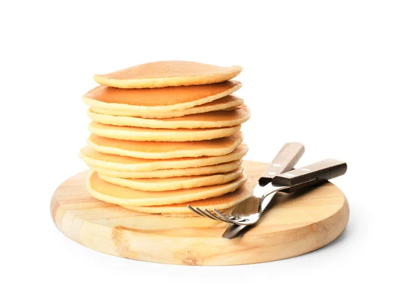 Board with stack of tasty pancakes on white background — Stock Photo, Image