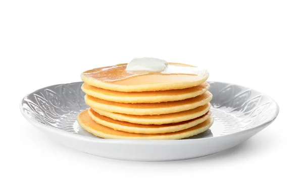 Plate with stack of tasty pancakes on white background — Stock Photo, Image