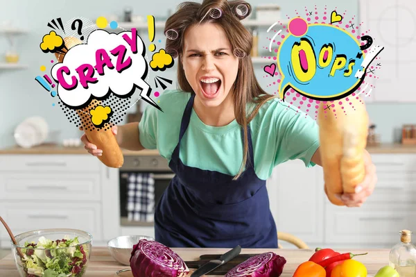 Agressieve jonge huisvrouw in de keuken — Stockfoto