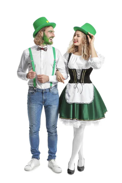 Young couple on white background. St. Patrick's Day celebration — Stock Photo, Image