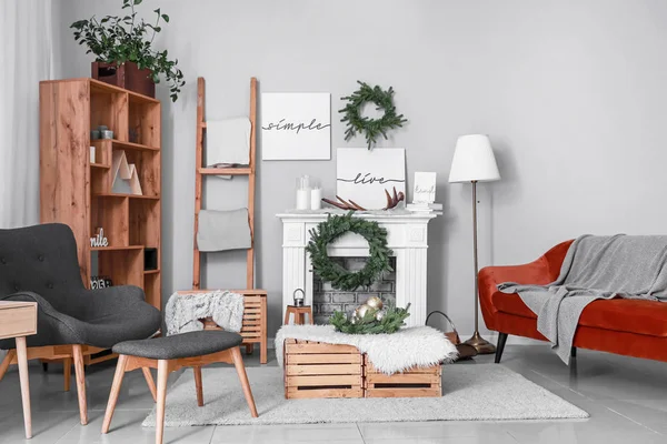 Stylish interior of living room with Christmas decor — 스톡 사진