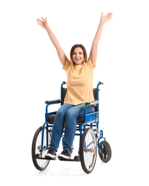 Happy young woman in wheelchair on white background — Stock Photo, Image