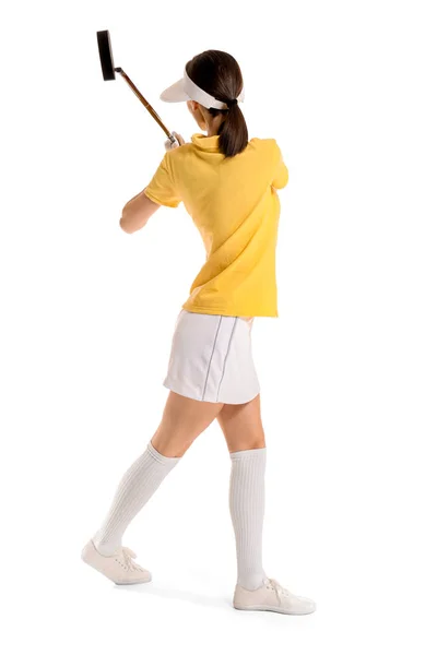 Bonito golfista feminino isolado no branco — Fotografia de Stock