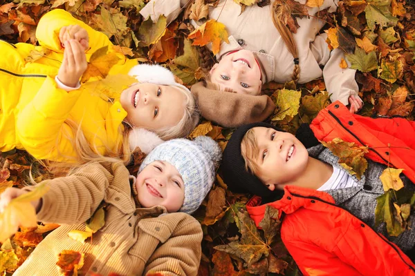 Lindos niños pequeños acostados en hojas en el parque de otoño — Foto de Stock