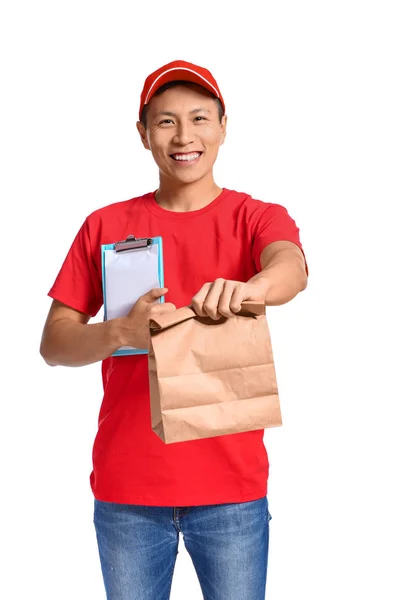 Trabalhador asiático de serviço de entrega de alimentos no fundo branco — Fotografia de Stock