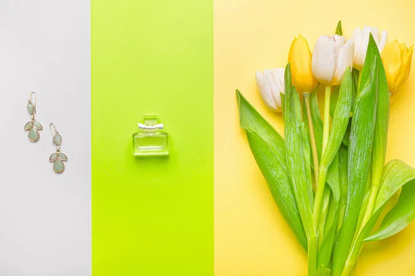 Composition for International Women's Day on color background — Stock Photo, Image