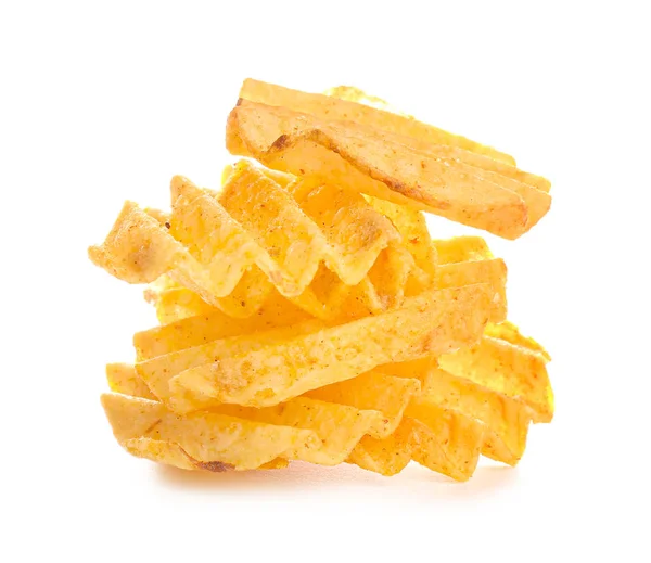 Batatas fritas saborosas no fundo branco — Fotografia de Stock