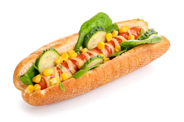 Tasty hot dog on white background — Stock Photo, Image